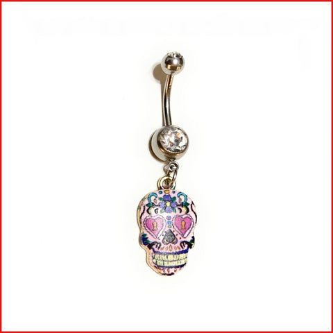 Surgical Steel Hand Crafted Pink Sugar Skull Navel Barbell.