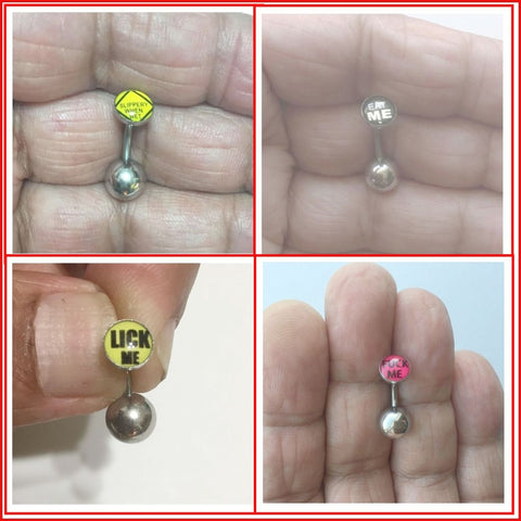 ALL LENGTHS: Surgical Steel LOGOs VCH Barbells with HEAVY BOTTOM BALL.