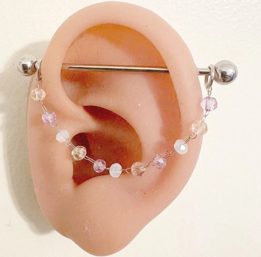 Surgical Steel White Crystals Chain 14g Industrial Barbell.