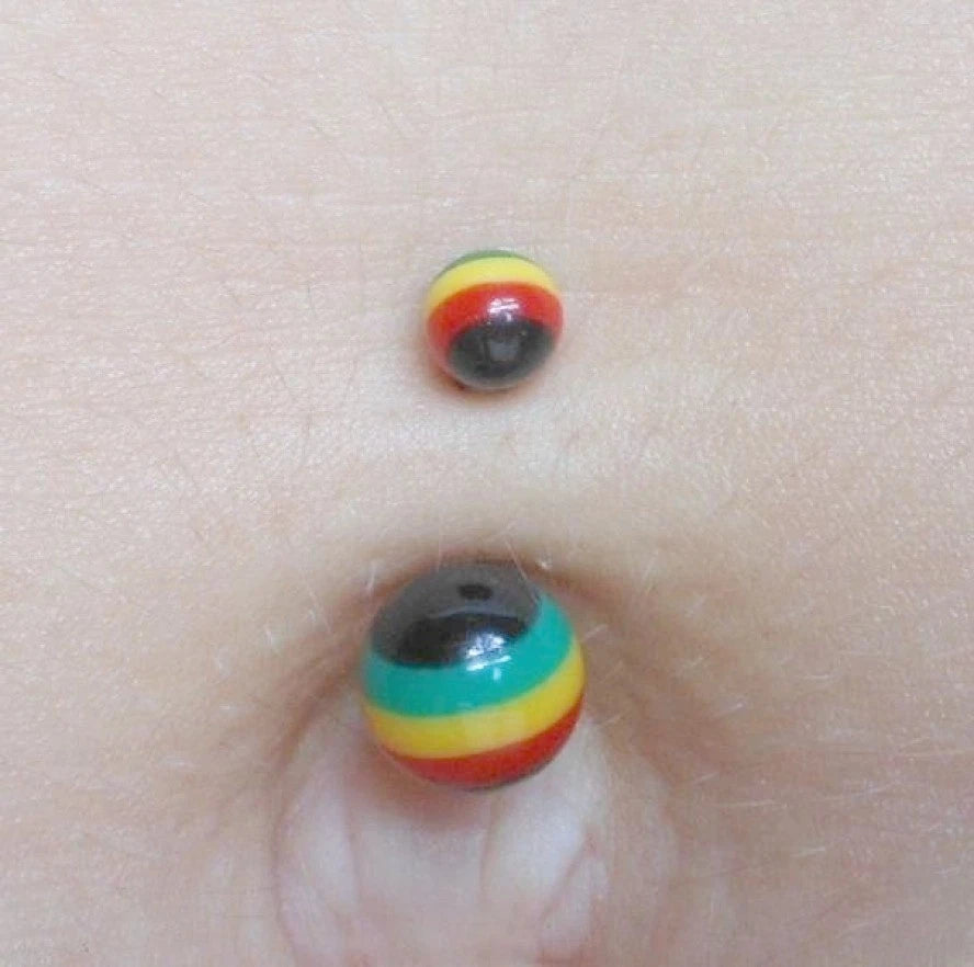 Surgical Steel 14g Rasta Balls Navel Barbell.