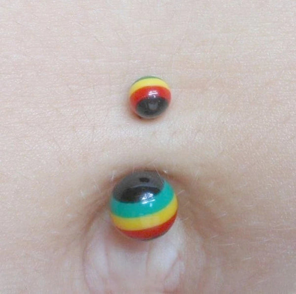Surgical Steel 14g Rasta Balls Navel Barbell.