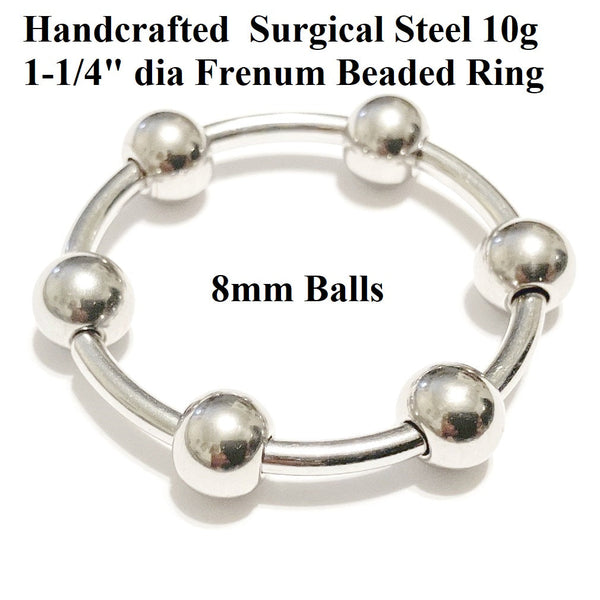 Handcrafted Stainless Steel 10 G, 1-1/4" Dia, 8mm Ball BEADED FRENUM RING.