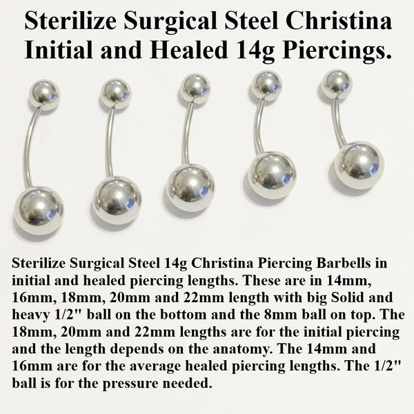 Surgical Steel CHRISTINA Piercing Barbells, Initial and Healed Lengths.