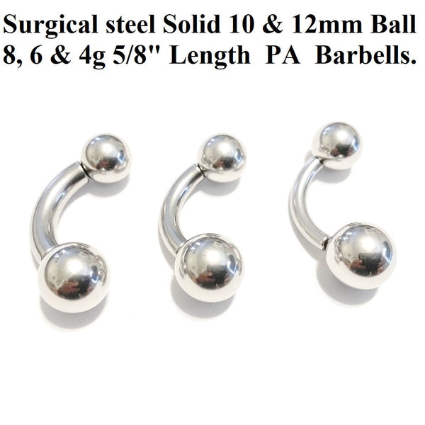 Surgical Steel 8, 6 & 4g 5/8" w SOLID 10 & 12mm Balls PA Barbells.