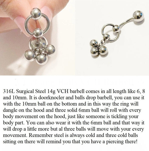 Surgical Steel Three Tickling Balls 4g VCH Barbell.