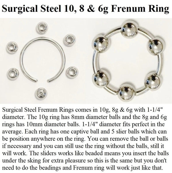 Stainless Steel 6 G, 1-1/4" Dia, 10mm Ball BEADED FRENUM HOOP.
