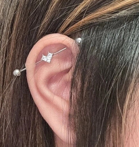 Surgical Steel 3 Gems Heart 14g Industrial Barbell.