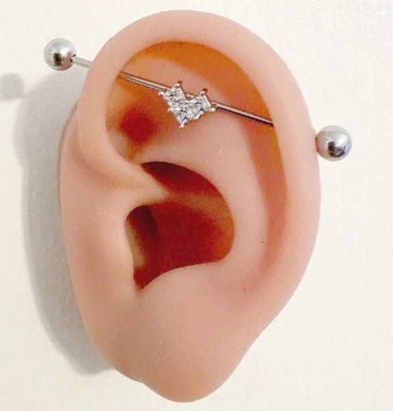 Surgical Steel 3 Gems Heart 14g Industrial Barbell.