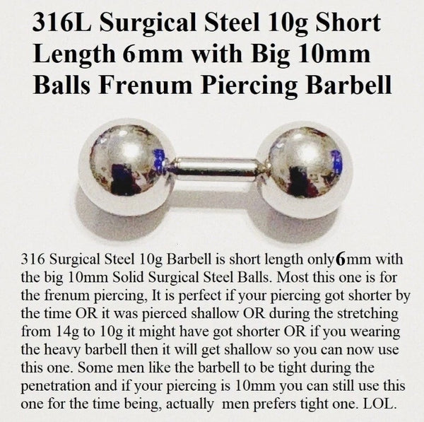 Surgical Steel 10g Short Lengths with 10mm Balls Frenum Barbell or Massager.