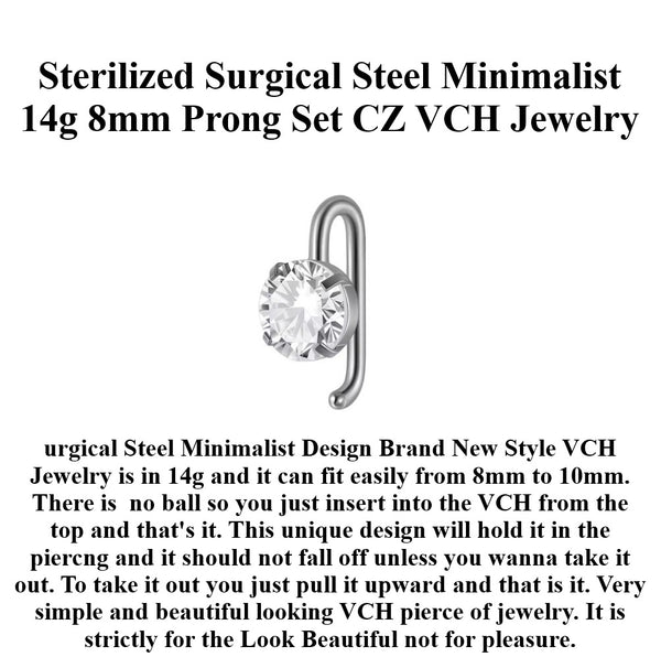 Surgical Steel MINIMALIST DESIGN 8mm Prong Set CZ VCH Piercing Pin.