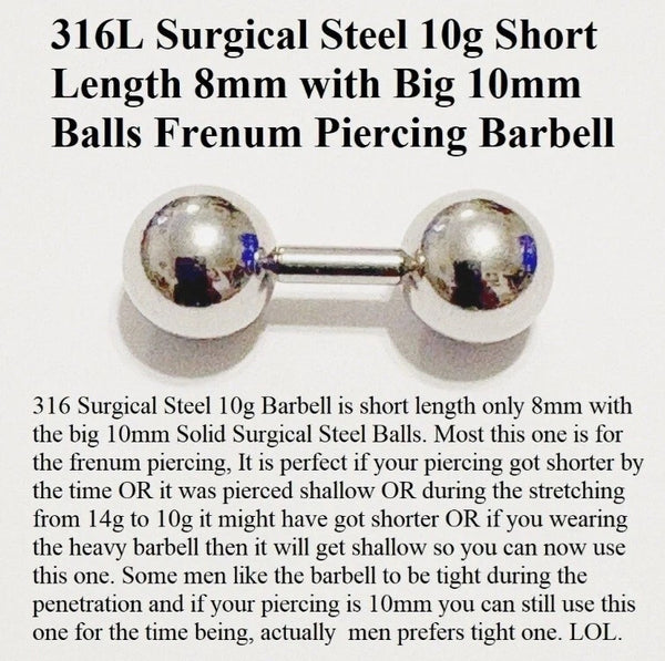 Surgical Steel 10g Short Lengths with 10mm Balls Frenum Barbell or Massager.