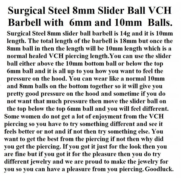 SLIDER 8mm BALL 14g Surgical Steel VCH Barbell with 6 & 10mm Balls.