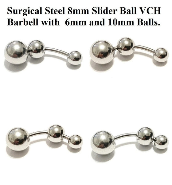 SLIDER 8mm BALL 14g Surgical Steel VCH Barbell with 6 & 10mm Balls.