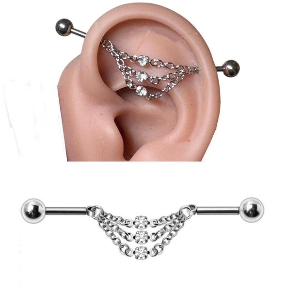 Surgical Steel 3 Gems Chains 14g Industrial Barbell.