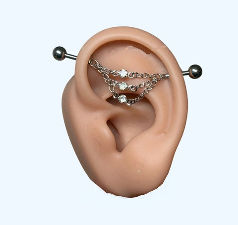 Surgical Steel 3 Gems Chains 14g Industrial Barbell.