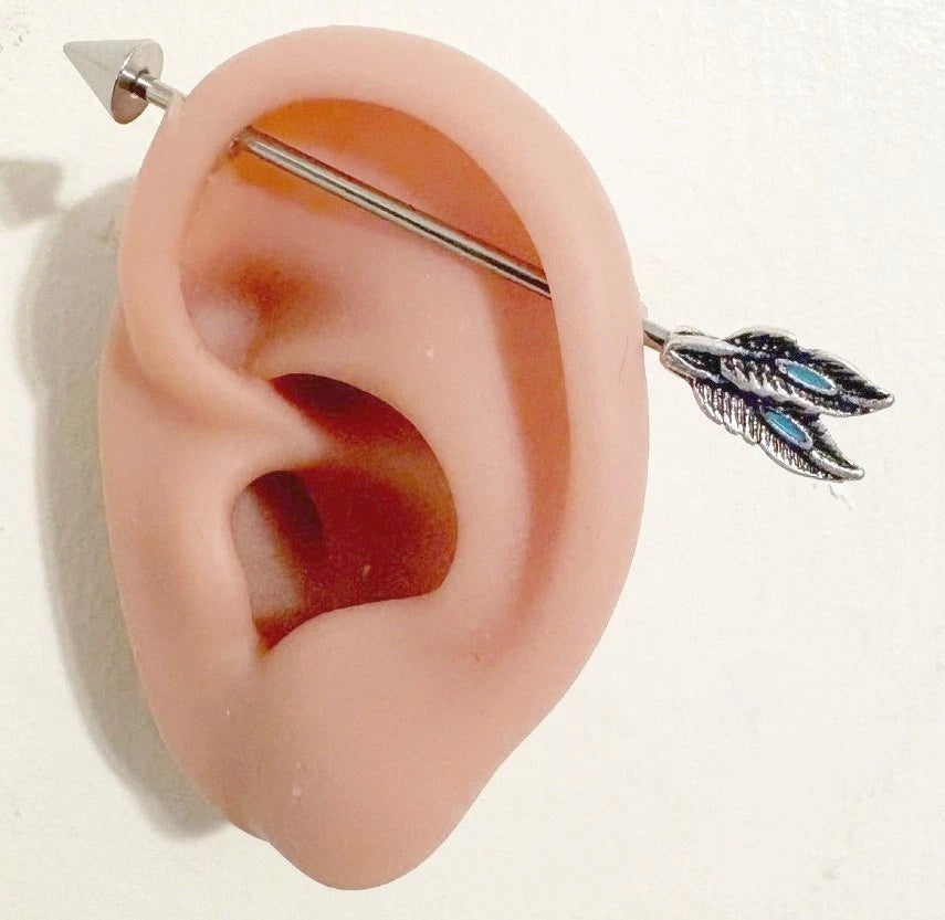 Surgical Steel Feather n Spike 14g Industrial Barbell.