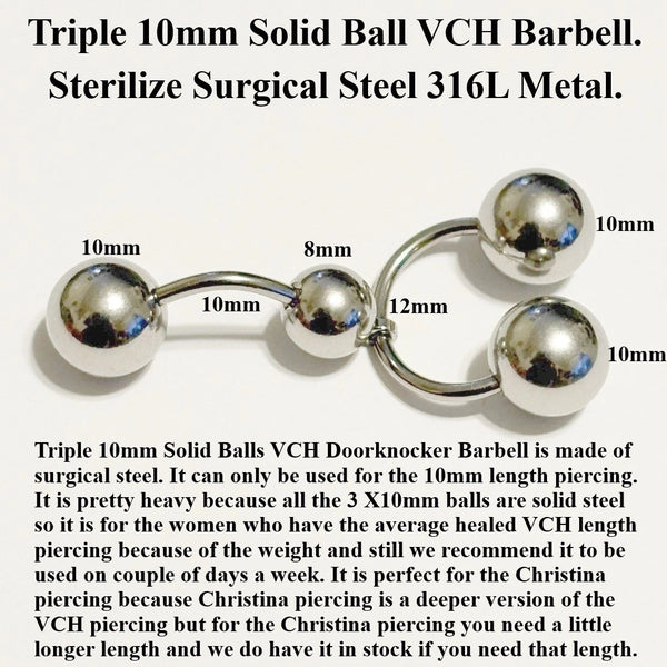 Surgical Steel Triple 10mm Solid Balls 14g VCH Barbell.