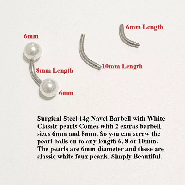 Surgical Steel 14g White Pearl Navel Barbell.