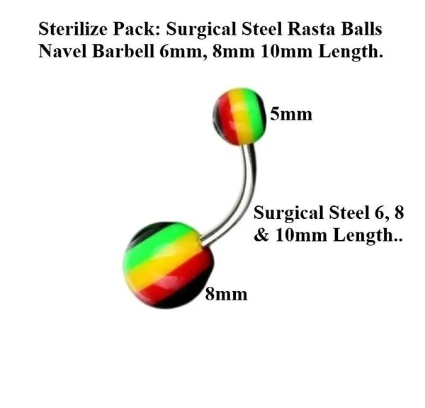 Surgical Steel 14g Rasta Balls Navel Barbell.