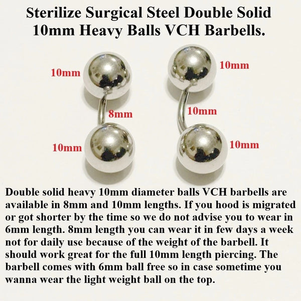 Double Solid 10mm Balls 316L Surgical Steel 14g VCH Barbell.