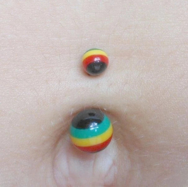 Surgical Steel 14g Rasta Balls Navel Barbell.