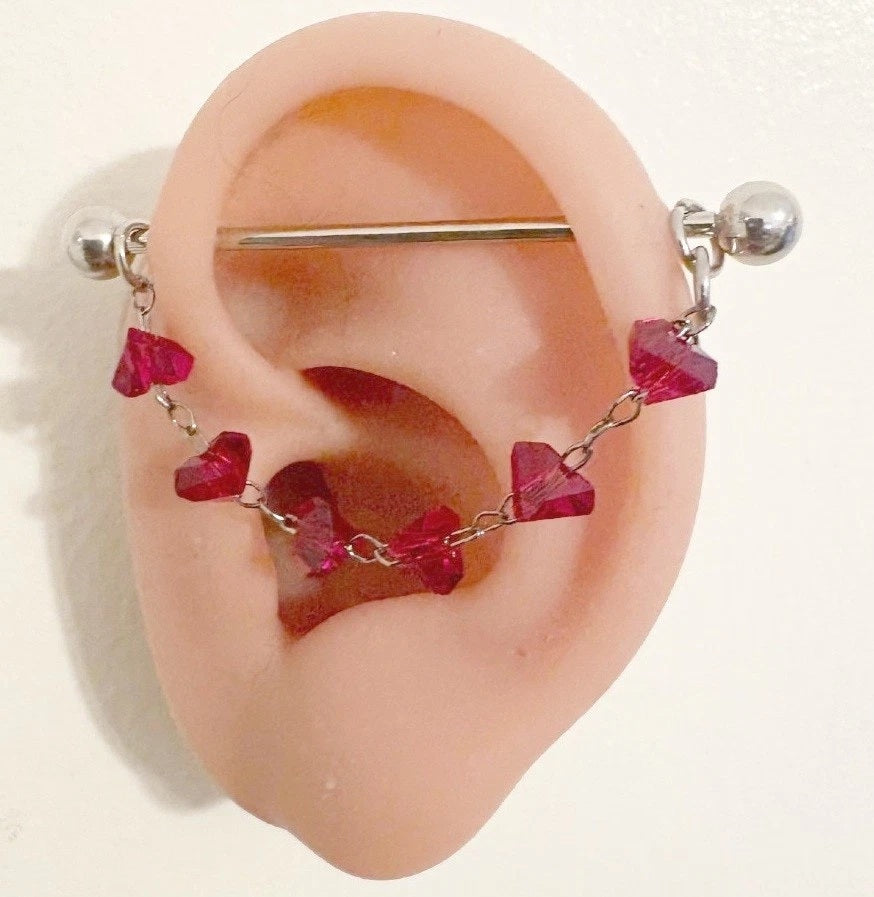 Surgical Steel red Cut Crystals Chain 14g Industrial Barbell.