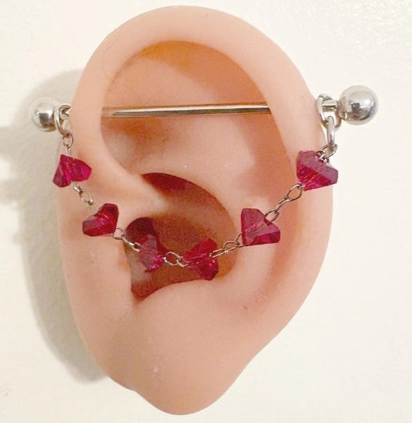 Surgical Steel red Cut Crystals Chain 14g Industrial Barbell.