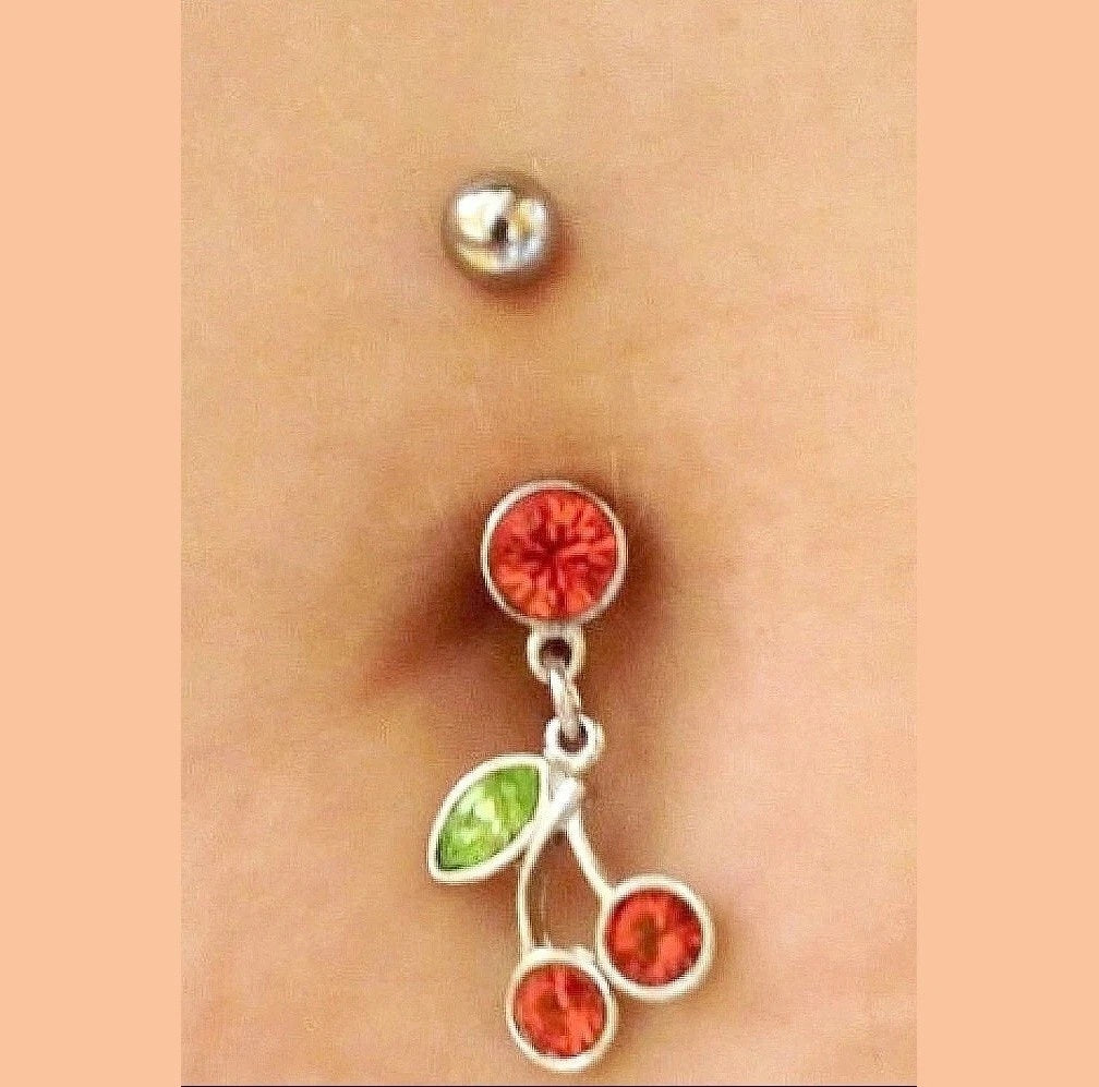 Surgical Steel 14g Pair Cherries Navel Barbell.