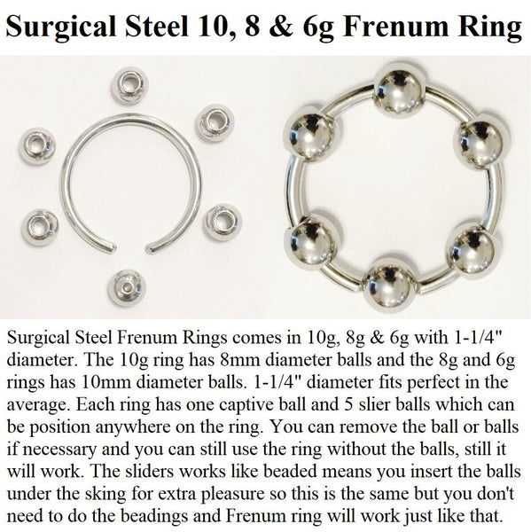 316L Surgical Steel 10g, 8g & 6g 1-1/4" Diameter BEADED FRENUM RINGS.