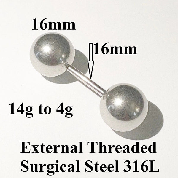 Surgical Steel 14 to 4g 5/8"Lengths with Big 16mm Balls Frenum or Massager Barbell