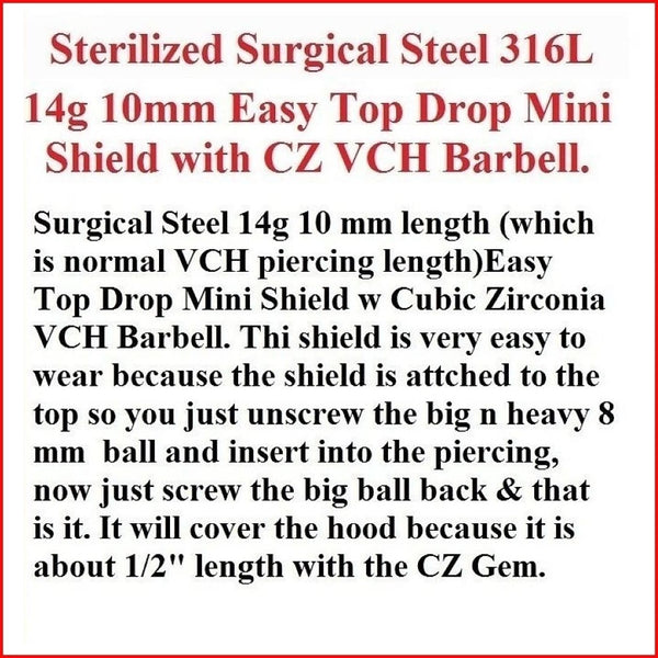 Surgical Steel 14g 10mm Length Easy Top Drop AQUA MINI SHIELD VCH Barbell.