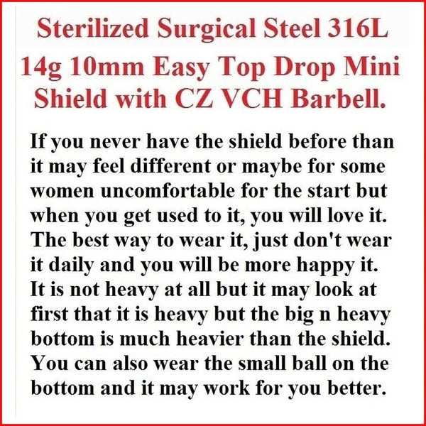 Surgical Steel 14g 10mm Length Easy Top Drop AQUA MINI SHIELD VCH Barbell.