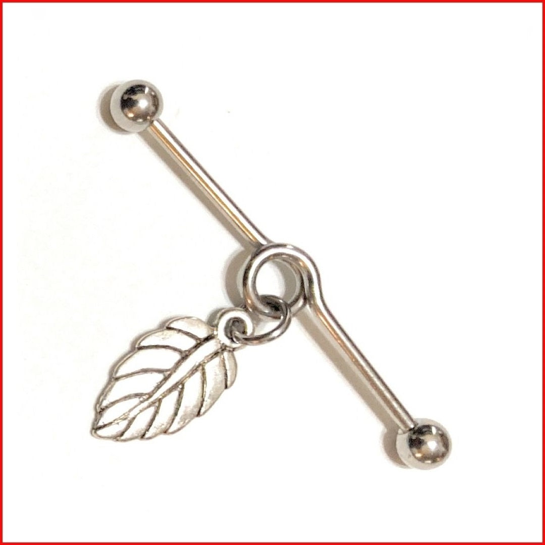 Surgical Steel Hand Crafted Leaf Industrial Barbell.