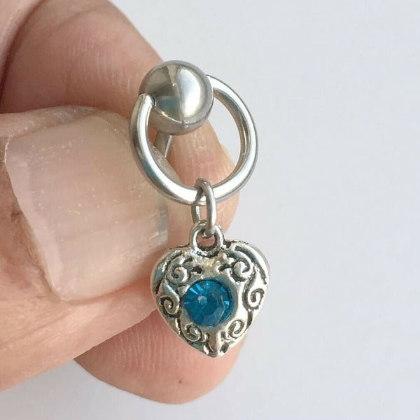 TEAL GEM HEART DANGLE VCH Barbell with Heavy Ball for EXTRA PRESSURE.