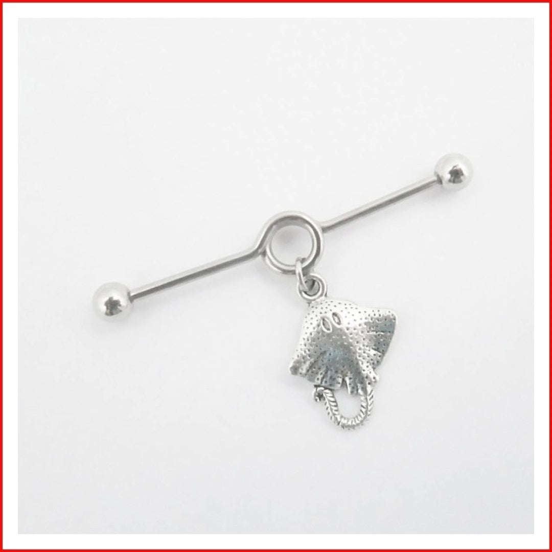 Surgical Steel Hand Crafted Stingray Industrial Barbell.