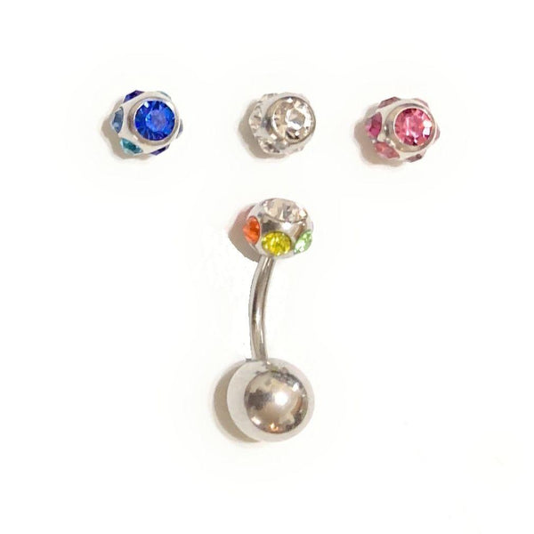 Surgical Steel VCH Barbell with (4) 7 Gems Color TOPS & Big Bottom Ball.