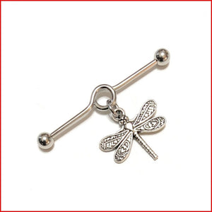 Surgical Steel Hand Crafted Large Dragonfly Industrial Barbell.