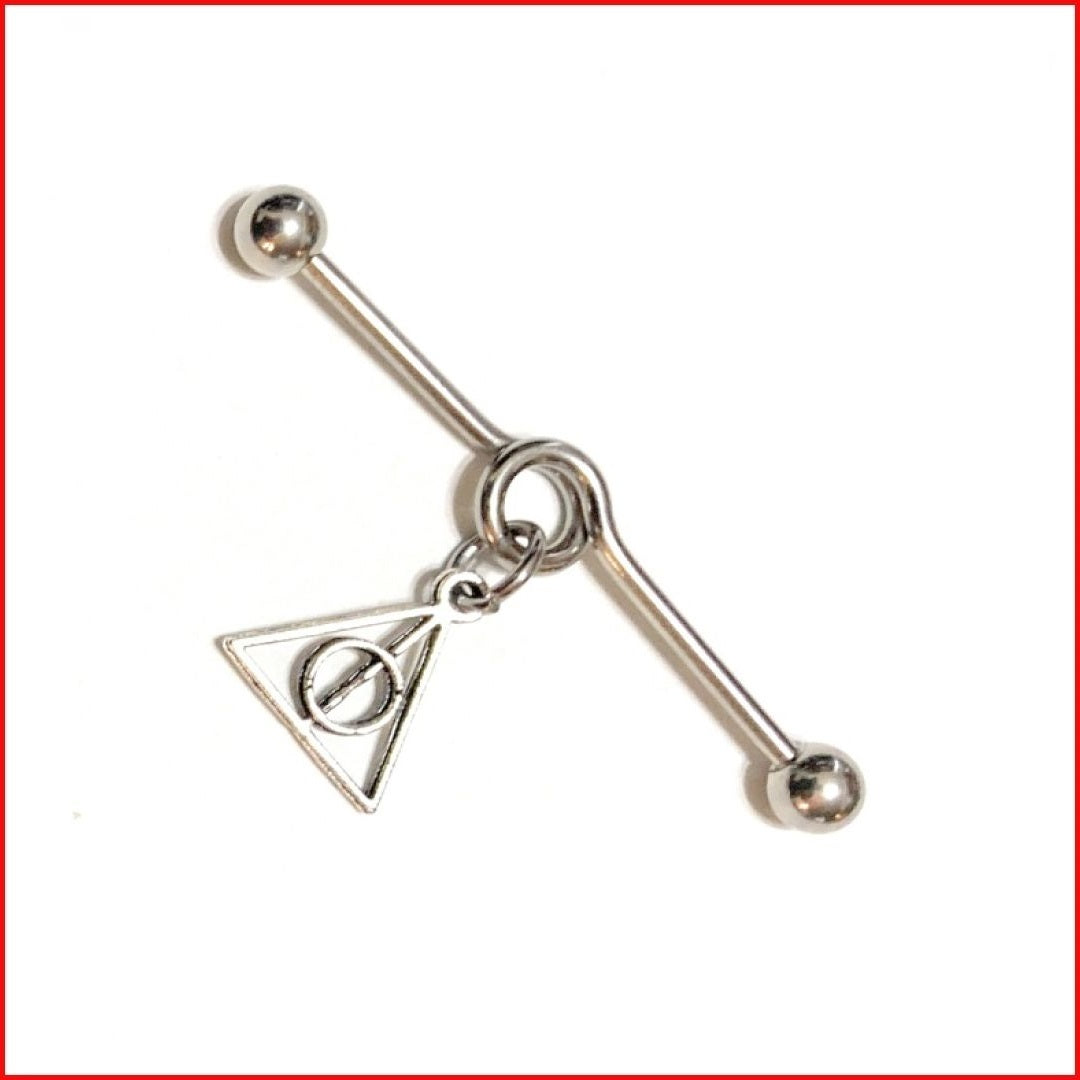 Surgical Steel Hand Crafted HP Deathly Hallows Industrial Barbell.