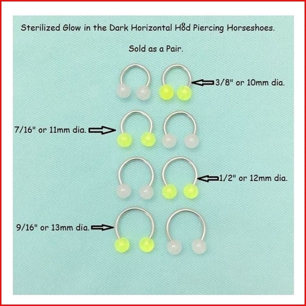 Surgical Steel Glow in The Dark Horseshoes for Horizontal Hood Piercing.