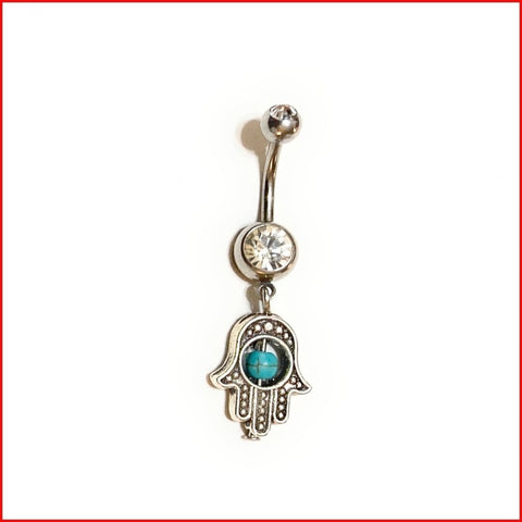 Surgical Steel Hand Crafted Hamsa Hand with Stone Navel Barbell.