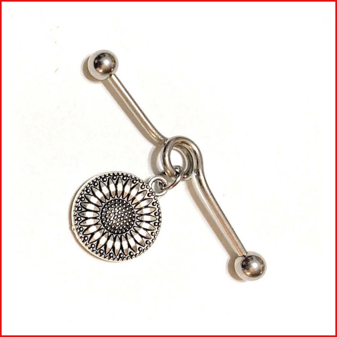 Surgical Steel Hand Crafted Daisy Industrial Barbell.