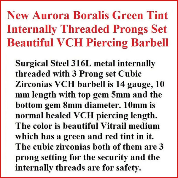 Aurora Borealis Green Tint Internal Threads Prong Set Surgical Steel VCH Barbell.