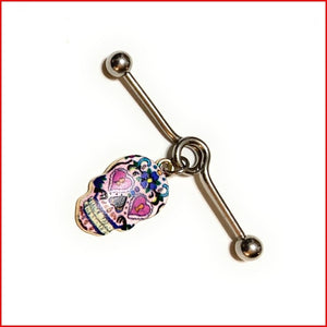 Surgical Steel Hand Crafted Pink Sugar Skull Industrial Barbell.