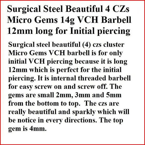 For Initial Piercing Surgical Steel INTERNALLY THREADED MICRO CZs VCH Barbell.