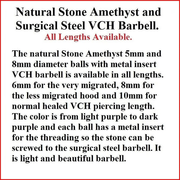 Surgical Steel Natural AMETHYST Stone 14g VCH Barbell.