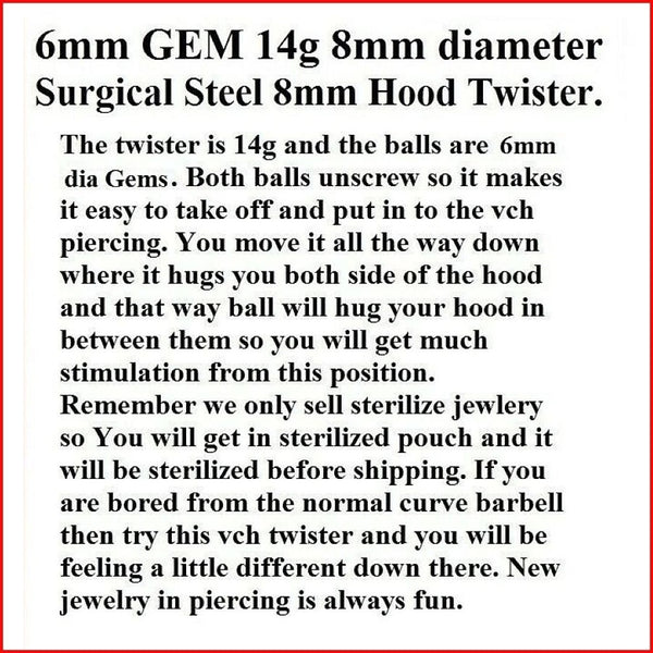 Surgical Steel Double 6mm CZ Balls 14g 8mm Dia HOOD TWISTER.