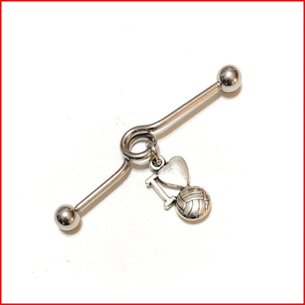 Surgical Steel Hand Crafted I Love Volleyball Industrial Barbell.