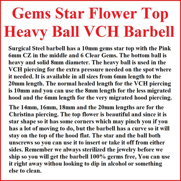 Gems Star Flower Top Heavy Bottom Ball Surgical Steel VCH Barbell.