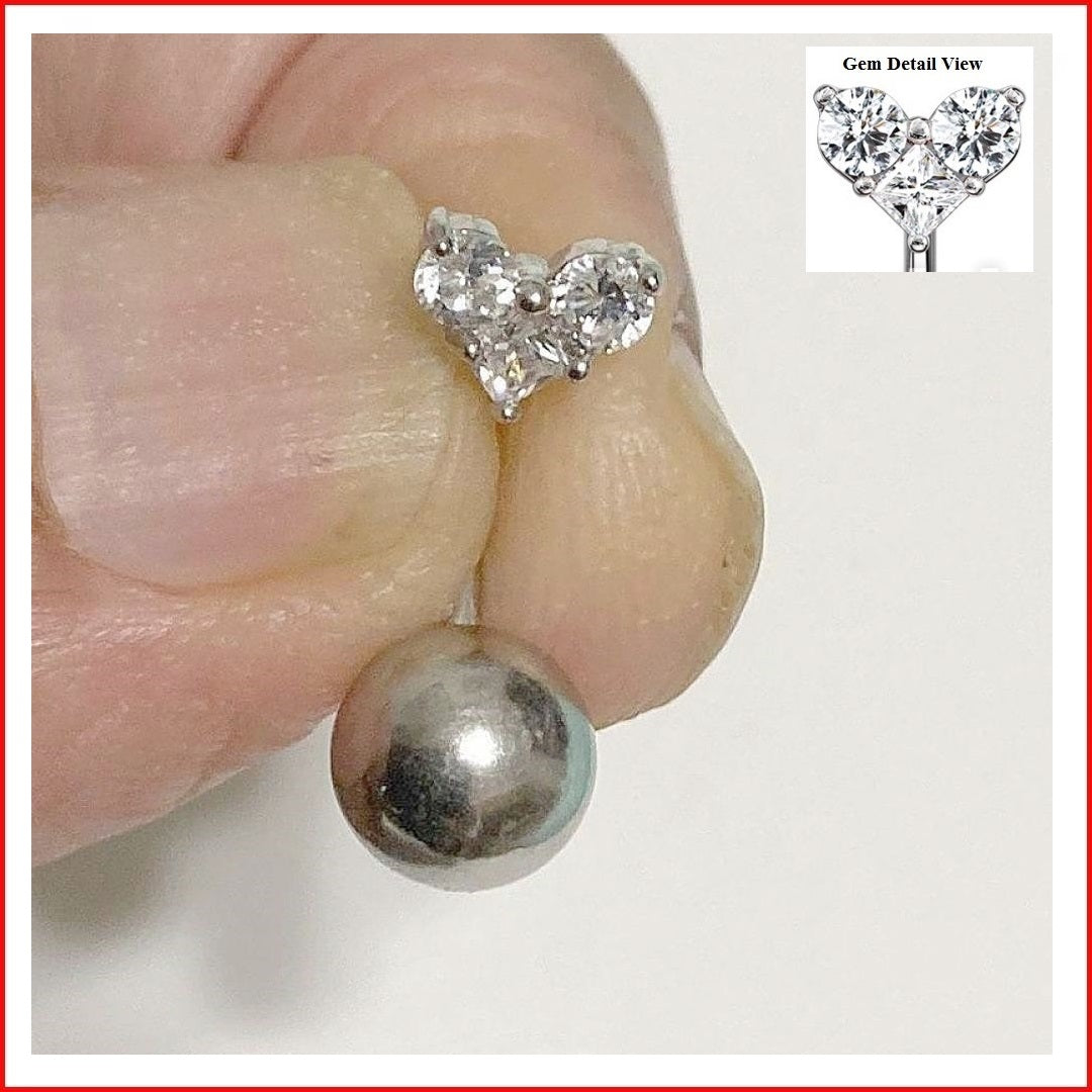 THIN 16g 9mm Length CZ HEART with Heavy Ball VCH Barbell.