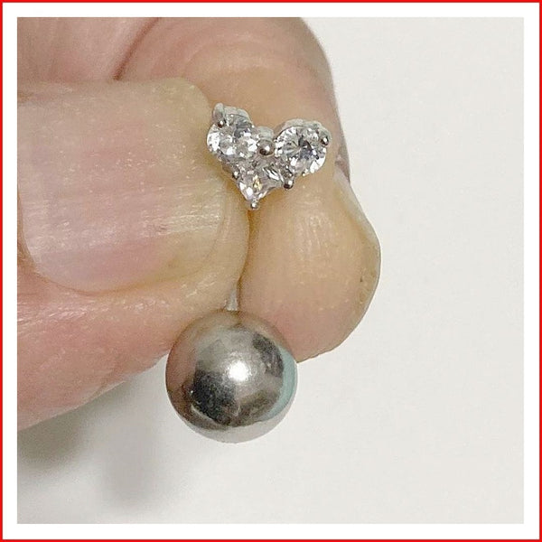 THIN 16g 9mm Length CZ HEART with Heavy Ball VCH Barbell.